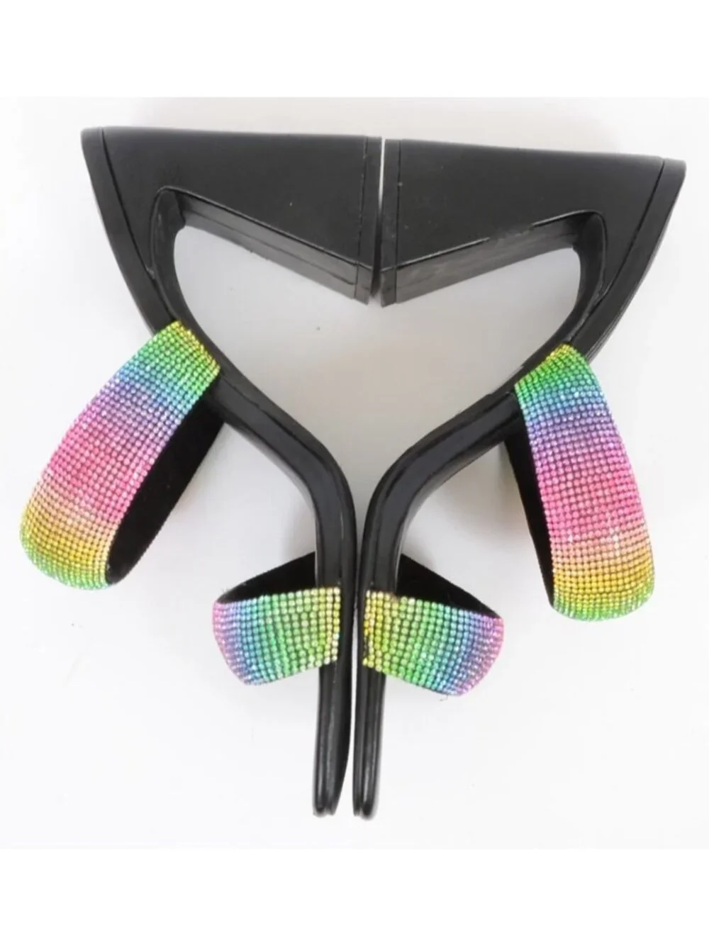 Open Edit Sasha Women‎ 9.5 Black Rainbow Rhinestone Sandal Chunky Flared Heels